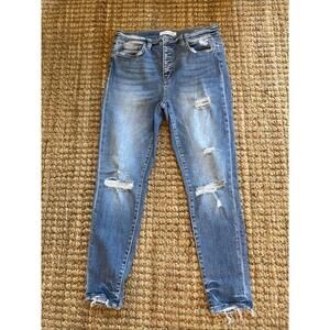 Flying Monkey Distressed Blue Button-Fly Skinny Jeans